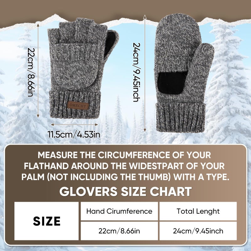 OMECHY Winter Knitted Fingerless Wool Gloves Thermal Insulation Warm Convertible Mittens Flap Cover for Men Women - Image 3